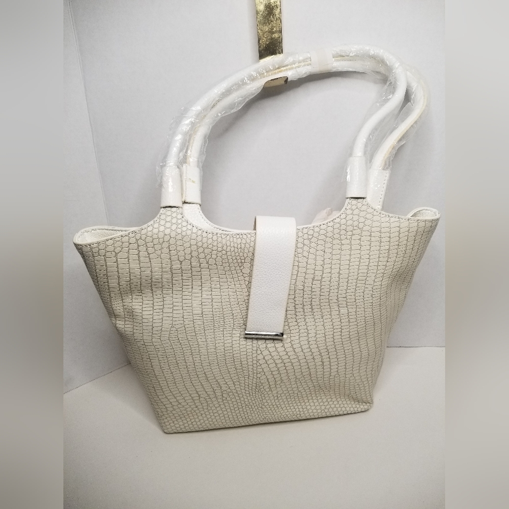 New H by Halston Reptile Embossed Matte Leather Tote White